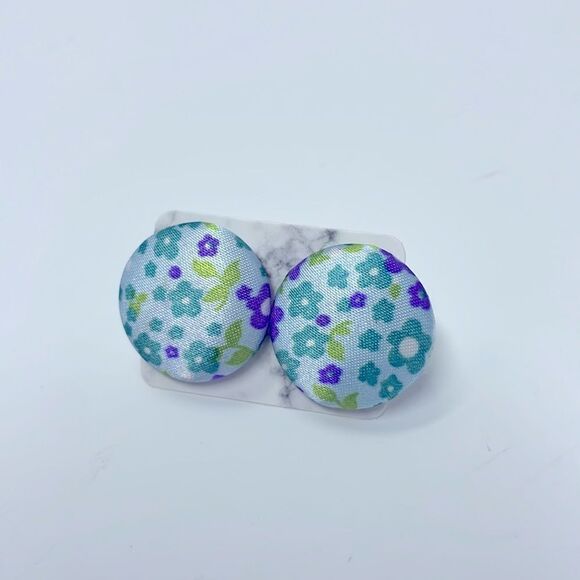 Blue Floral Fabric Button Studs Post Earrings - Picture 3 of 6